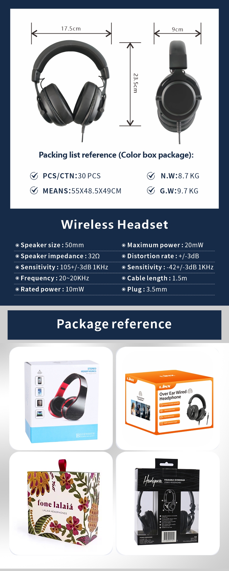 Over Ear Wired Headphone with 50mm Drive Unit High Quality headset with 3.5mm