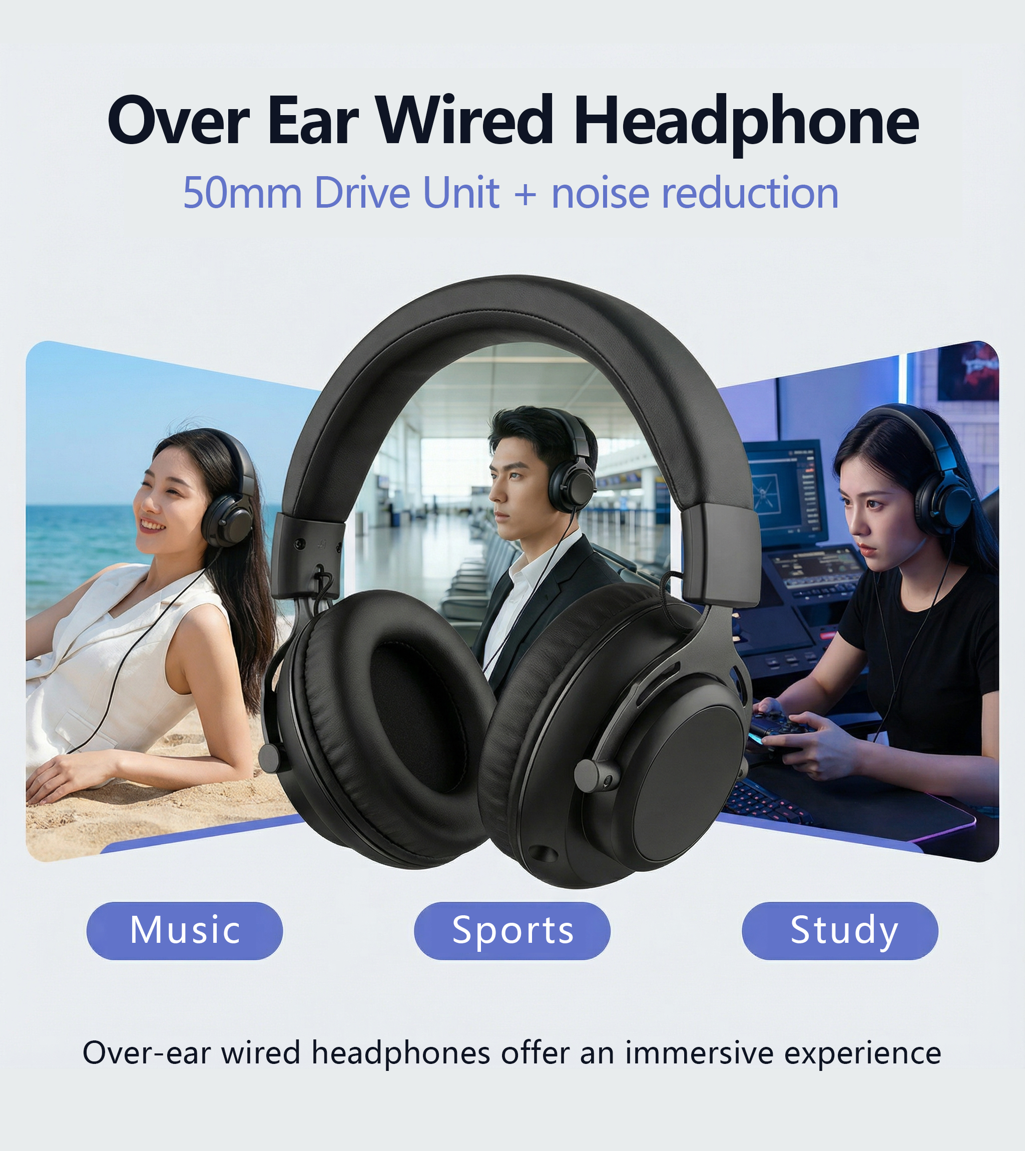 Over Ear Wired Headphone with 50mm Drive Unit High Quality headset with 3.5mm