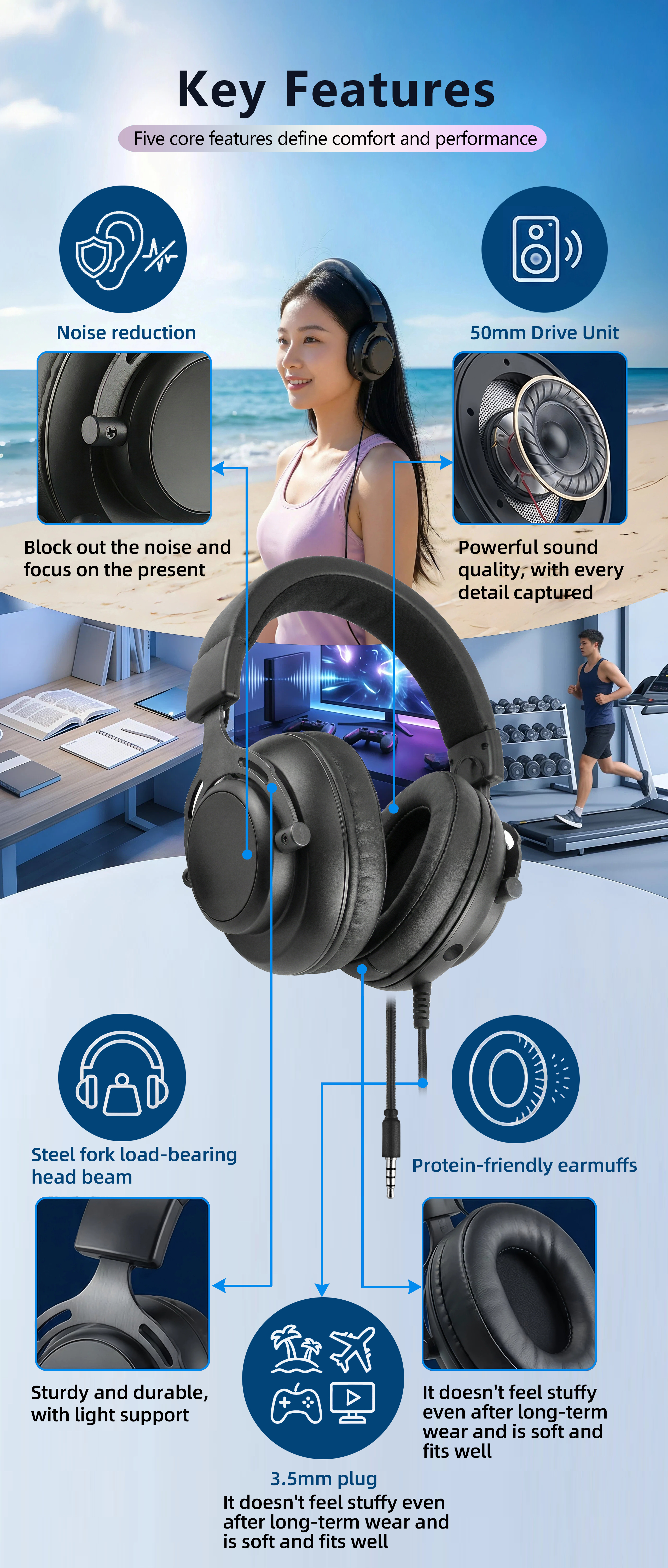 Over Ear Wired Headphone with 50mm Drive Unit High Quality headset with 3.5mm