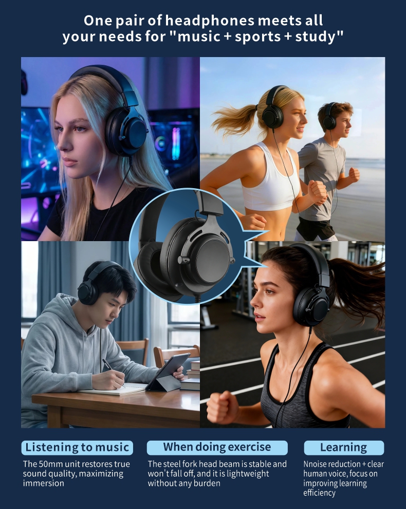 Over Ear Wired Headphone with 50mm Drive Unit High Quality headset with 3.5mm